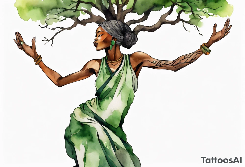 a tree trunk with roots that is a black woman from the waist up, feet made of tree roots, arms reaching up to the sun, wearing a green tunic tattoo idea
