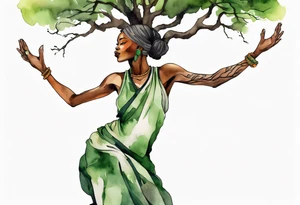 a tree trunk with roots that is a black woman from the waist up, feet made of tree roots, arms reaching up to the sun, wearing a green tunic tattoo idea