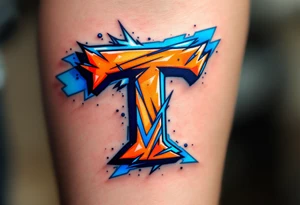 A graffiti-style "T" in bright orange and electric blue with sharp angles. tattoo idea