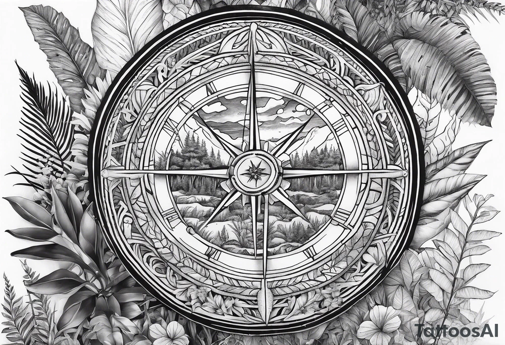 arm sleeve tattoo with The Helm of Awe surrounded by jungle plants tattoo idea