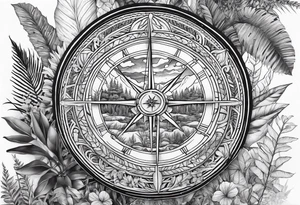arm sleeve tattoo with The Helm of Awe surrounded by jungle plants tattoo idea