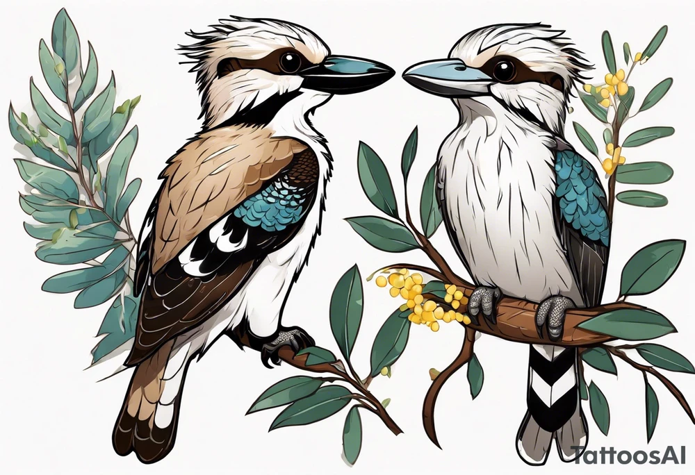 Cartoon kookaburra sitting on wattle and eucalyptus leaves tattoo idea