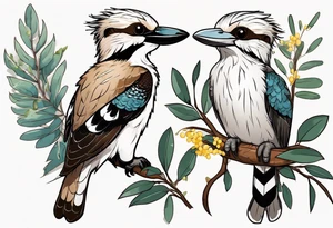 Cartoon kookaburra sitting on wattle and eucalyptus leaves tattoo idea