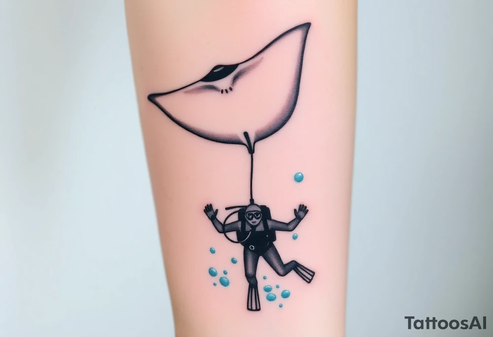 Manta ray silhouette above, scuba diver underneath, water background tattoo idea