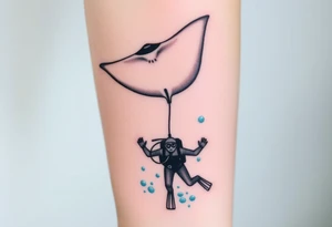 Manta ray silhouette above, scuba diver underneath, water background tattoo idea