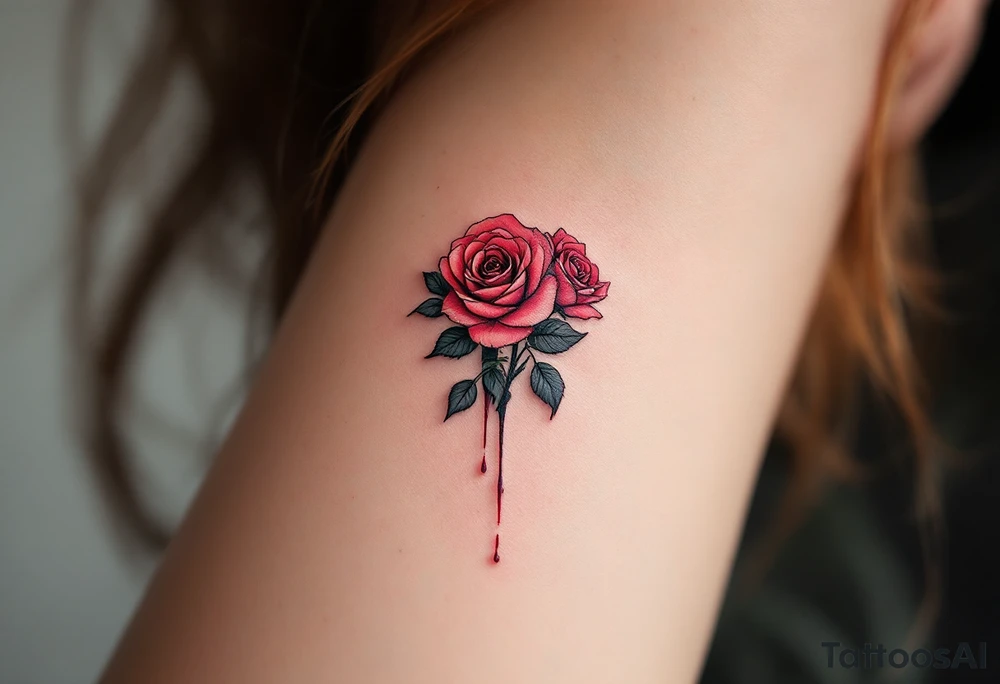 Tiny roses with dripping ink style, done in dark crimson and black, placed behind the ear. tattoo idea
