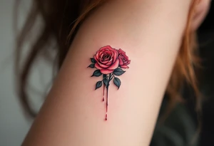 Tiny roses with dripping ink style, done in dark crimson and black, placed behind the ear. tattoo idea