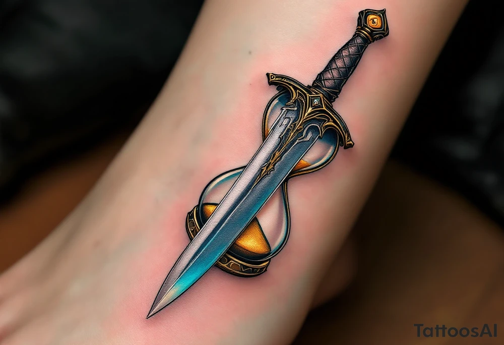 Dagger with Hourglass – A dagger piercing through an hourglass filled with golden sand, symbolizing the passage of time. The blade is dark silver with intricate engravings, while the hourglass frame is rich bronze with glassy blue highlights. tattoo idea