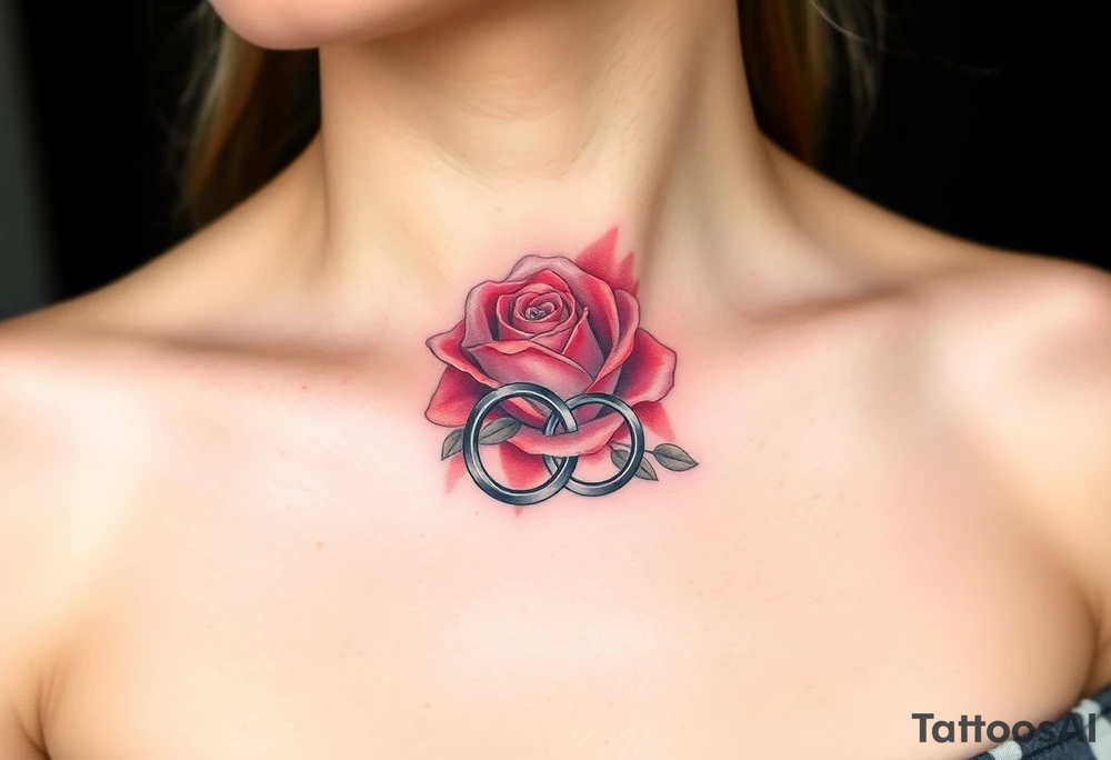 A minimalist blooming rose wrapped around a two wedding rings tattoo idea