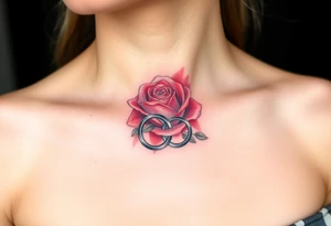 A minimalist blooming rose wrapped around a two wedding rings tattoo idea