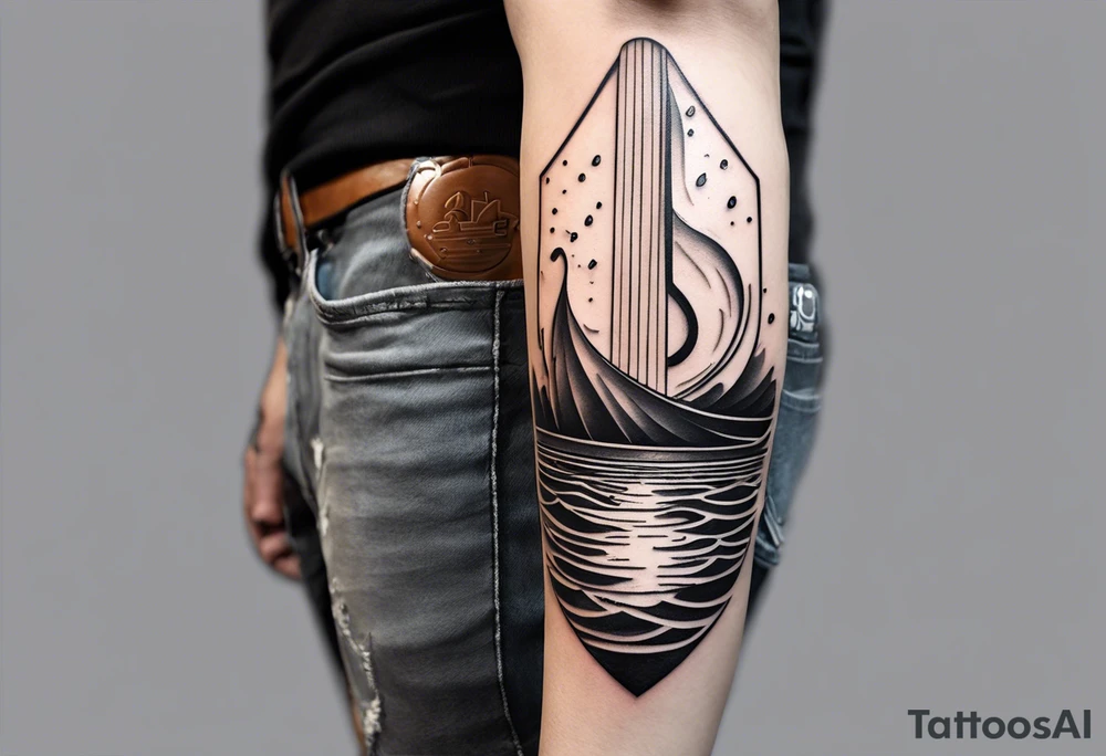 a simple line of icons down the back of the arm. there are four icons in this order:

1. a music note on a staff
2. a wave of water
3. a pocket
4. mushroom tattoo idea