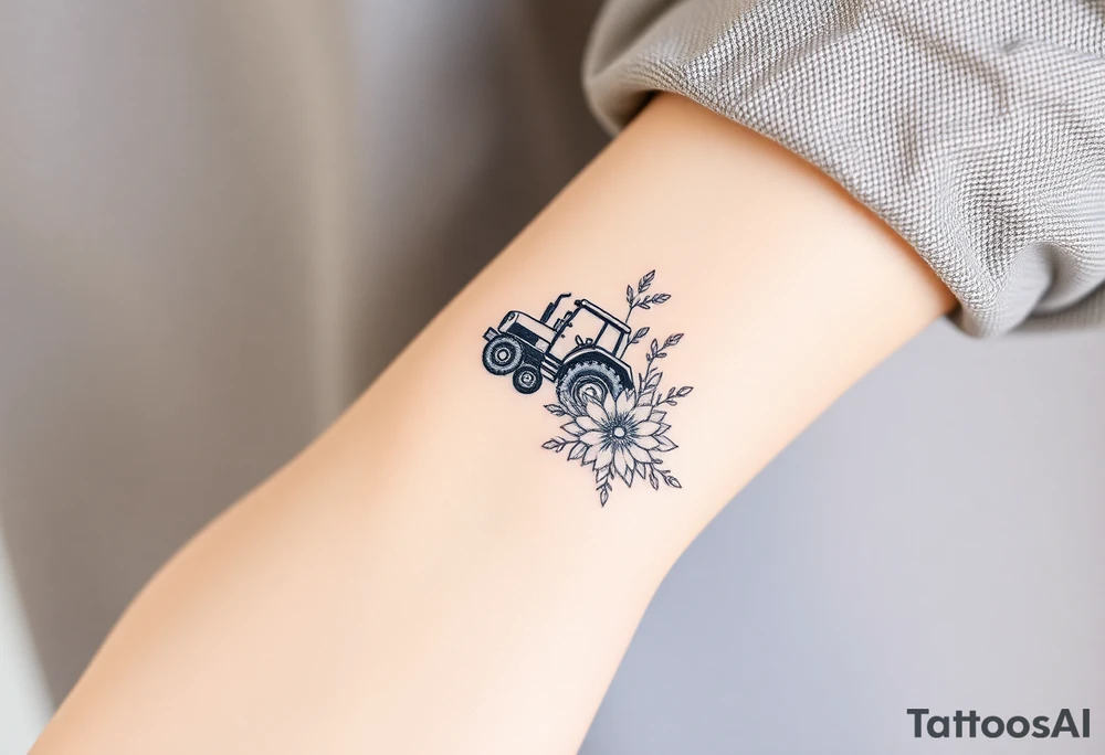 A bracelet that includes a very small tractor and bouquet flowers tattoo idea