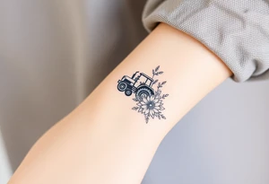 A bracelet that includes a very small tractor and bouquet flowers tattoo idea