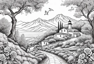 Create a Mediterranean climate with a mountain in the background, add an oak tree, a rose bush, a dove with an olive leaf, a playing harp, a lighted lighthouse tattoo idea