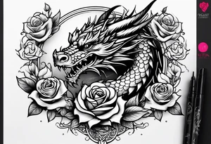 dragon with roses tattoo idea