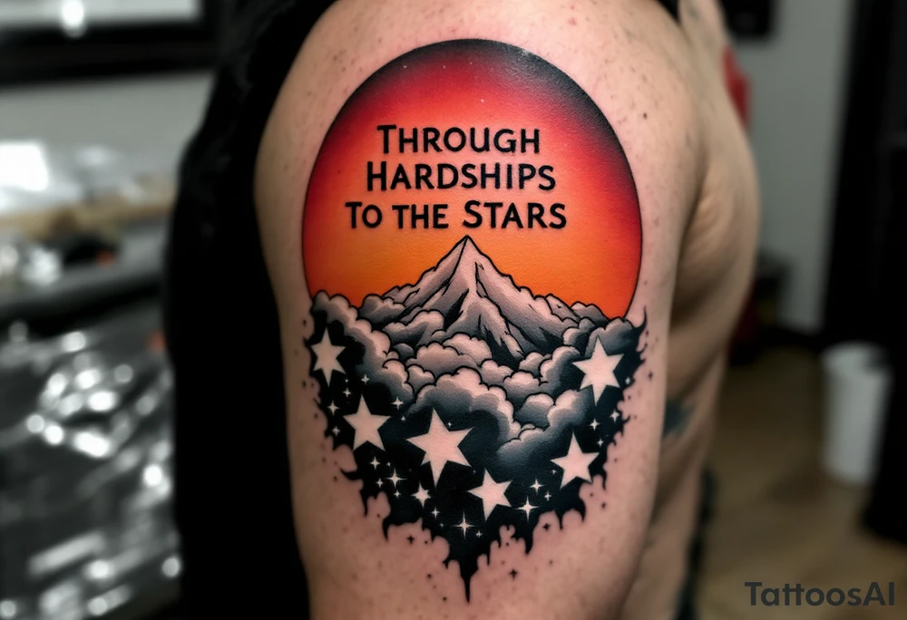 Inked in a burning gradient from red to orange, the quote “Through Hardships To the Stars” rises over storm clouds into twinkling silver stars. tattoo idea