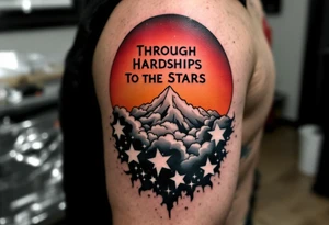 Inked in a burning gradient from red to orange, the quote “Through Hardships To the Stars” rises over storm clouds into twinkling silver stars. tattoo idea