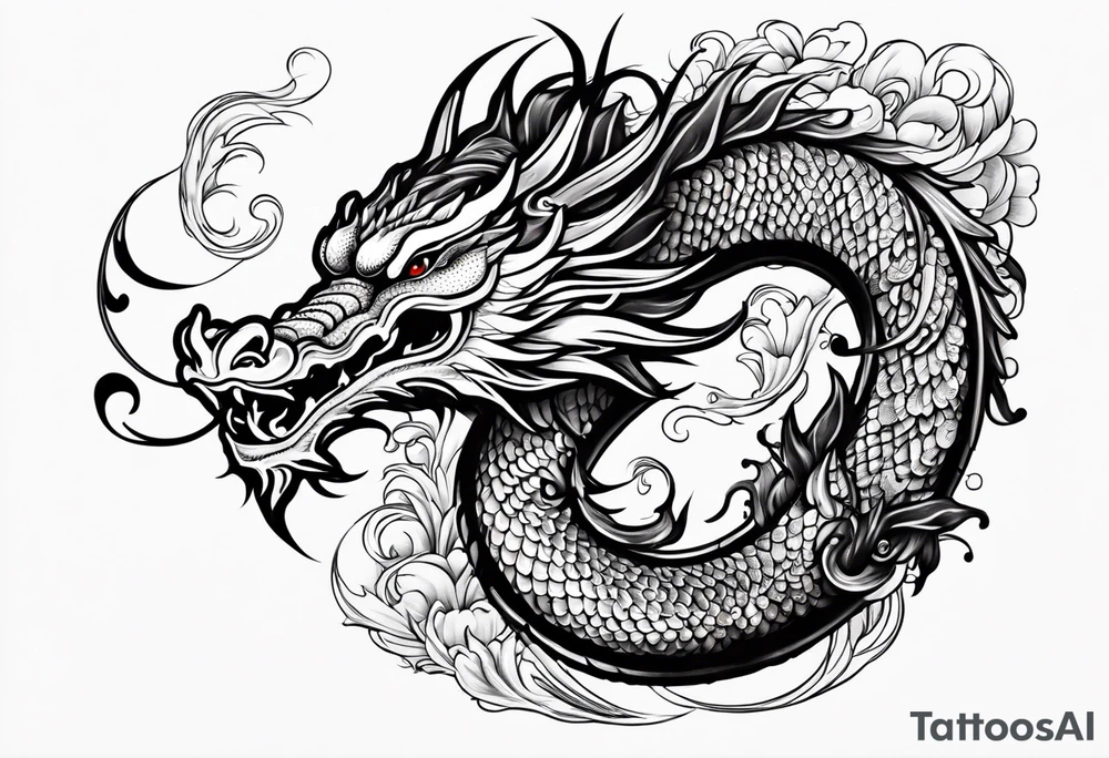Asian Māori dragon, koi, water, black, shoulder tattoo idea