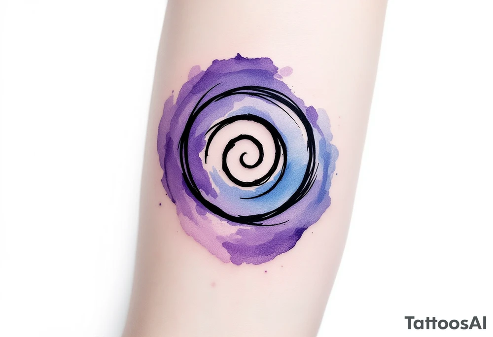 A minimalistic black spiral nestled inside a watercolor wash of soft purples and blues. tattoo idea