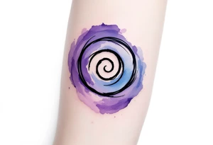 A minimalistic black spiral nestled inside a watercolor wash of soft purples and blues. tattoo idea