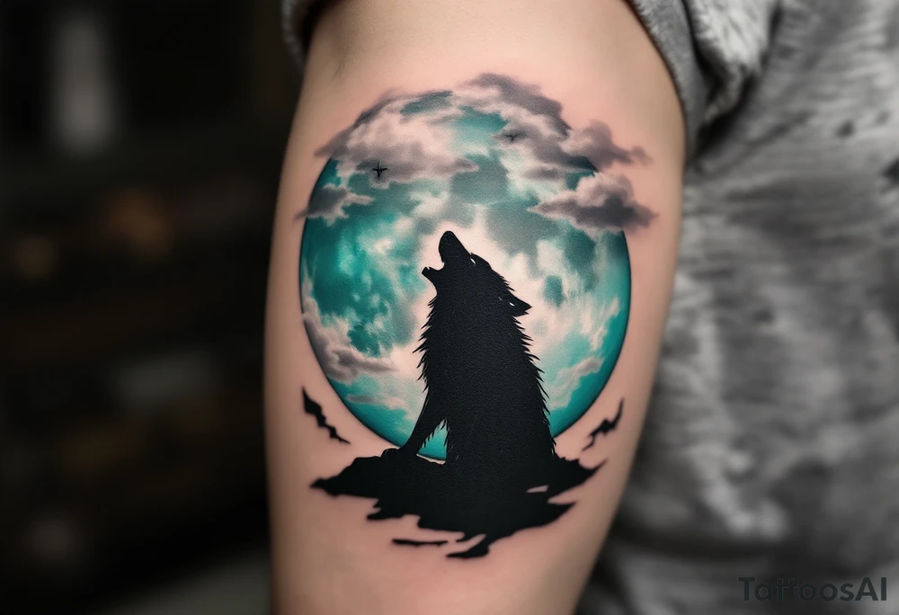 Howling werewolf silhouette against a cloudy teal and gray moon, in a dark fantasy style. tattoo idea
