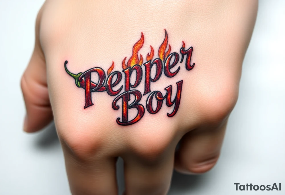 Chili pepper and fire lettering says Pepper Boy tattoo idea