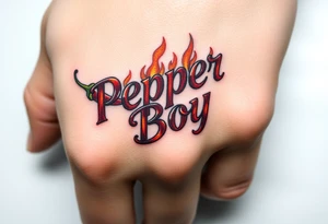 Chili pepper and fire lettering says Pepper Boy tattoo idea