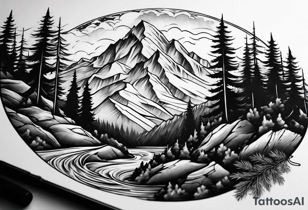 male forearm mountains and pine trees with water tattoo idea