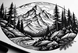 male forearm mountains and pine trees with water tattoo idea
