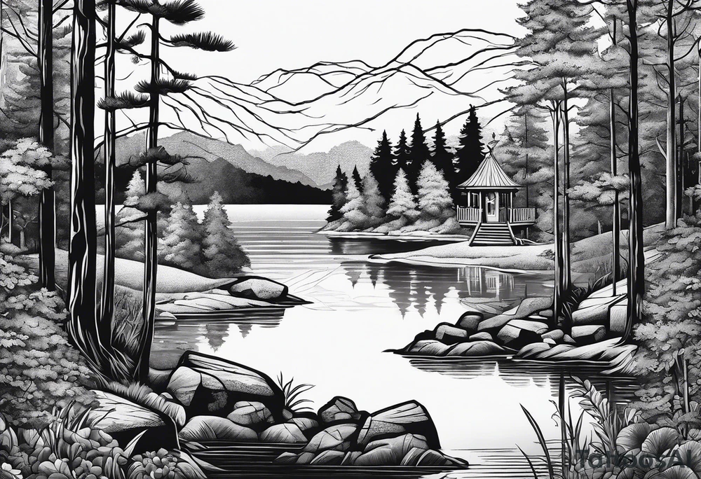 A forest with a lake. Woth a small island in the middle. On the island there a gate tattoo idea