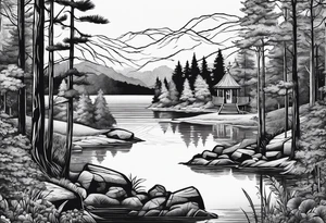 A forest with a lake. Woth a small island in the middle. On the island there a gate tattoo idea