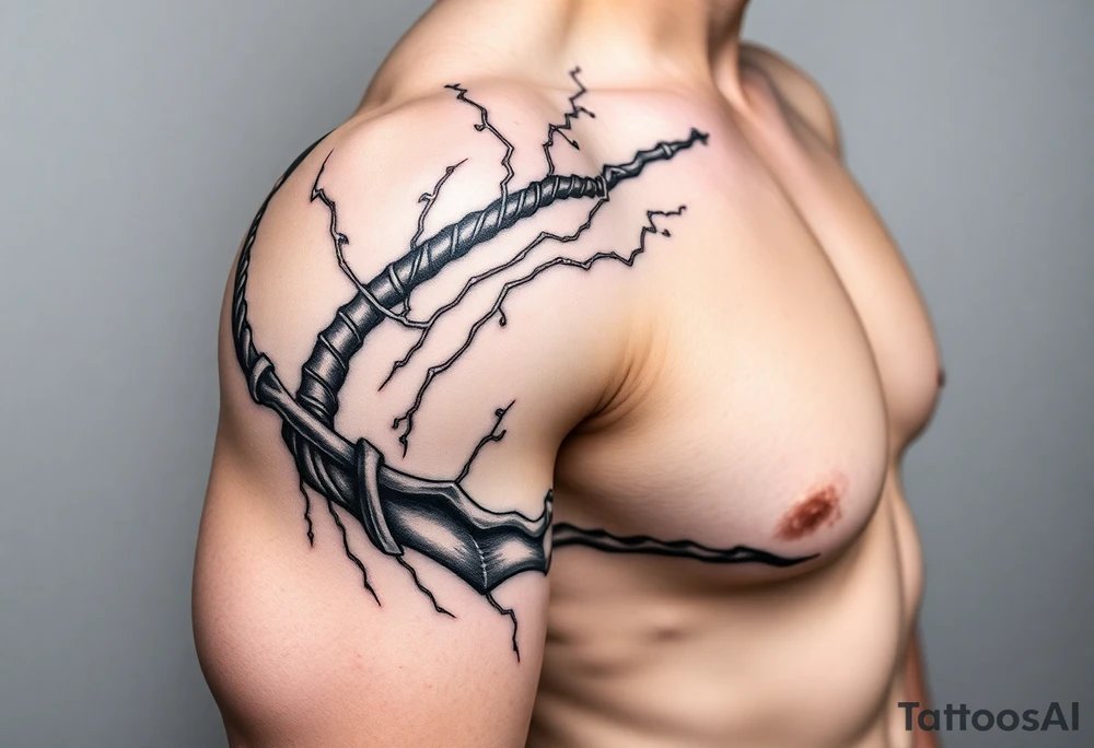 I want a tattoo inspired by the character Izuku midorya from my hero academia. I want his black whip and lighting across my bicep, shoulder and leading slightly to my traps. I want it to be sharp. Not lacking or cringy. Sharp. I don’t want the character or the characters arm. I want the black whip and lighting. tattoo idea