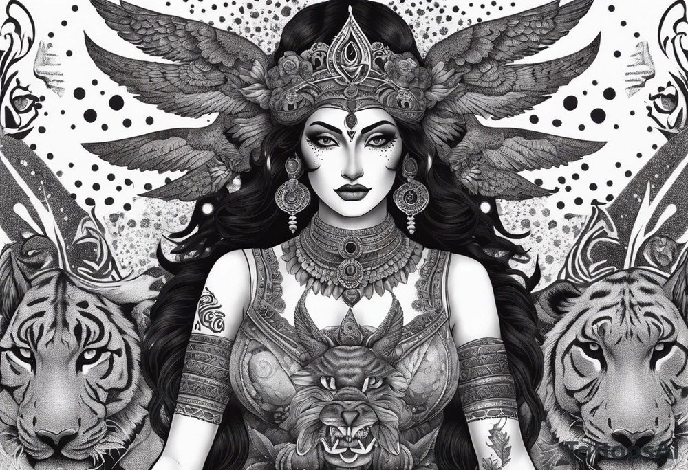 black kali, goddess pirate, alien, angel, pachamama, valkrye, warrior, flying, skull, lotus azul, wing, eagle, zenza resonance, stars, 5D, anahata chakra, death, durga, riding on a tiger, flying lady, kundalini, chest tatoo, samuri, rebel tattoo idea