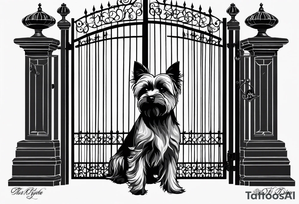 Yorkshire terrier standing outside of paradise gate. The gate is half opened. On the gate is written the date 05.06.2024 tattoo idea