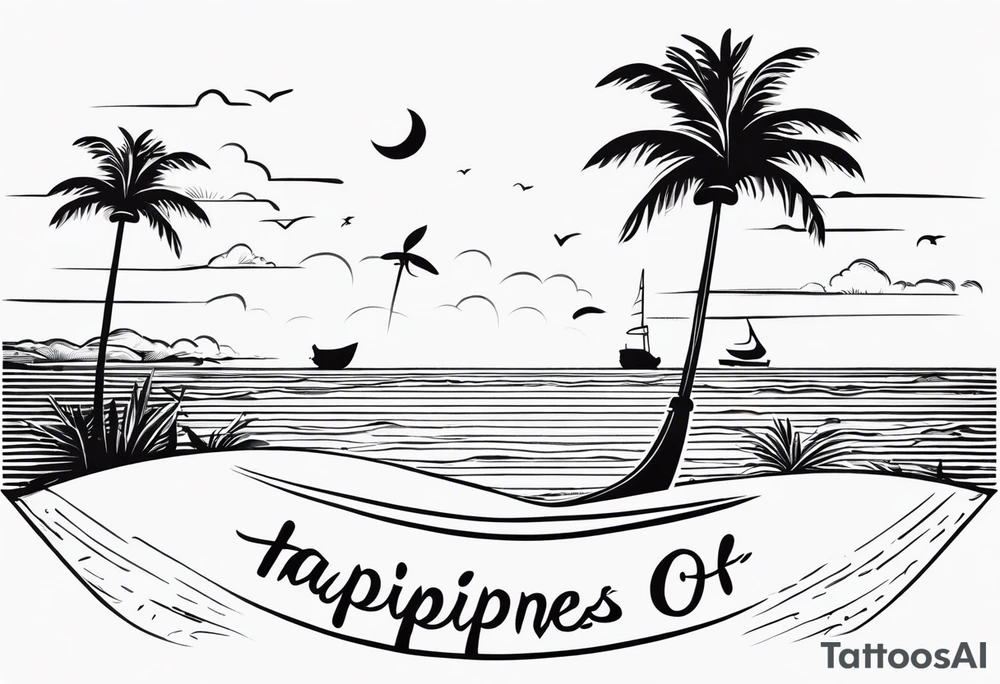 travel tattoo with mantra happiness on ankle elongated with the image of a sea selfie and palm trees tattoo idea