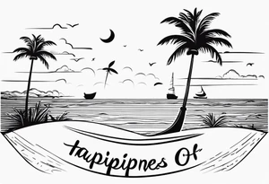 travel tattoo with mantra happiness on ankle elongated with the image of a sea ​​selfie and palm trees tattoo idea