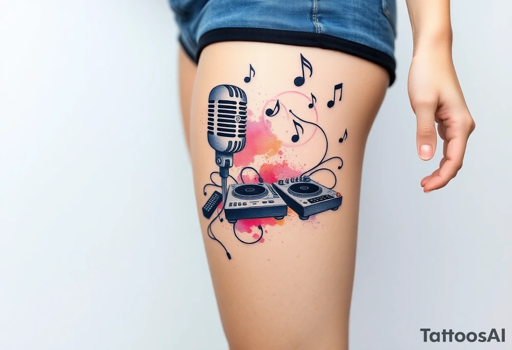 Microphone turntables and music notes graffiti style on a woman's thigh tattoo idea