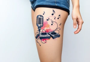 Microphone turntables and music notes graffiti style on a woman's thigh tattoo idea