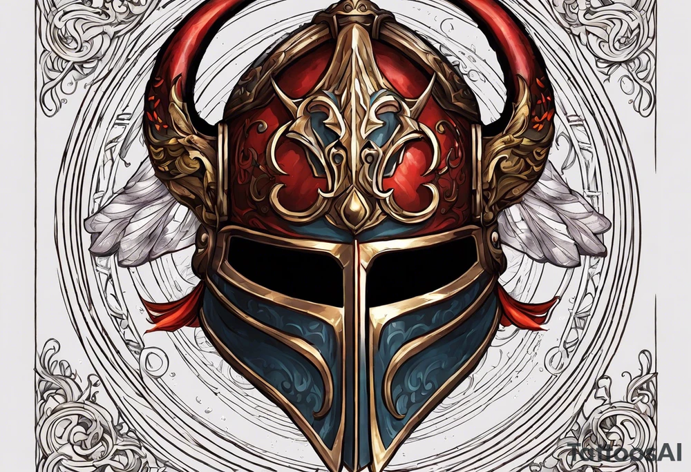 Generate an Elden Ring tattoo concept of Malenia's helmet laying on a pool of rot with rot butterflies flying over and a text that says, " I am Malenia, Blade of Miquella and I have never known Defeat" circling around the tattoo tattoo idea