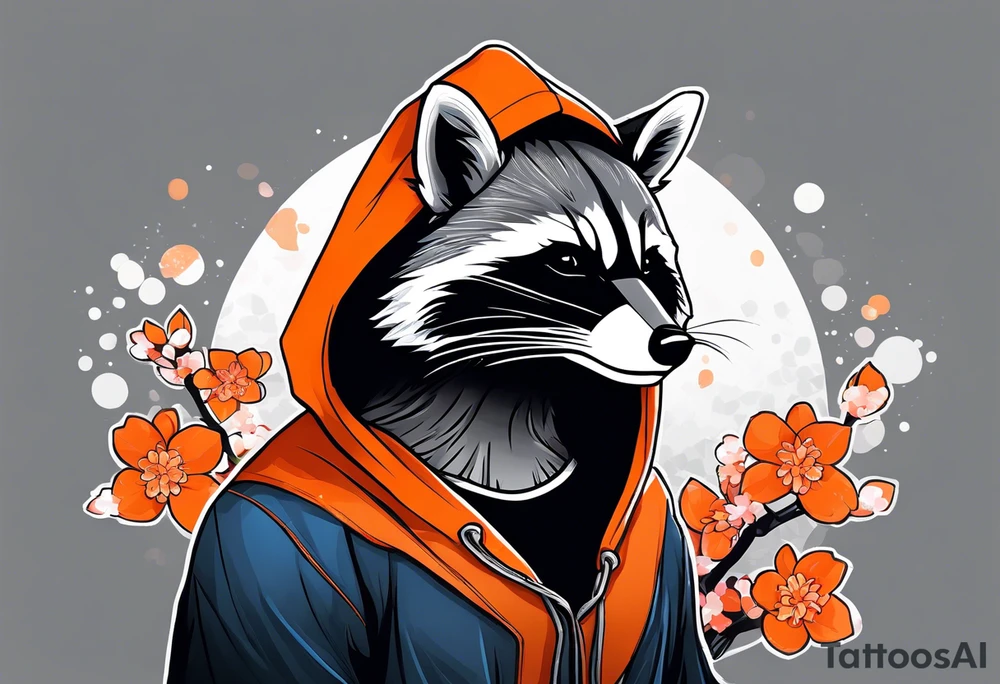 Raccoon wearing a white Superman logo on a black hoodie and orange Japanese cherry blossoms tattoo idea