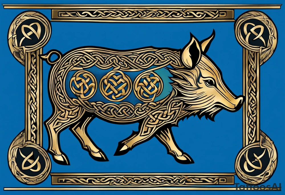 Side profile, Celtic, tribal, wild boar, On a Chatwin family crest with blue background, two gold stars, and a gold Chevron, and a Thistle tattoo idea