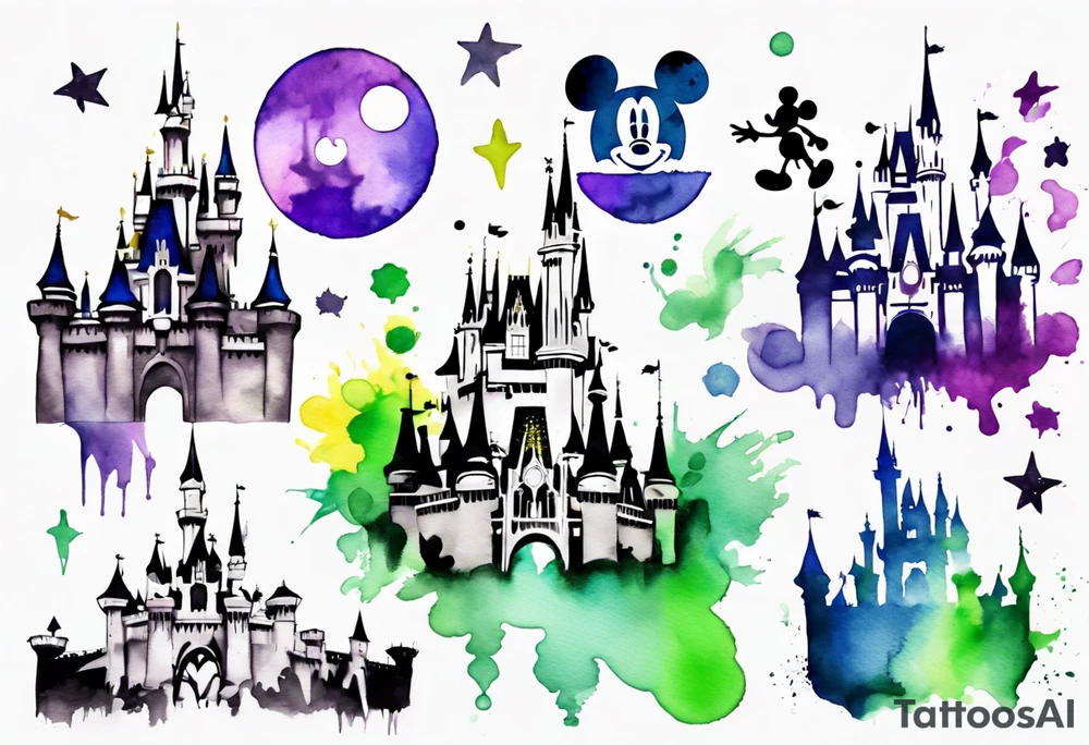 Disney park icon in black and white with watercolor splotches behind. Watercolor should be green, yellow, and purple. tattoo idea