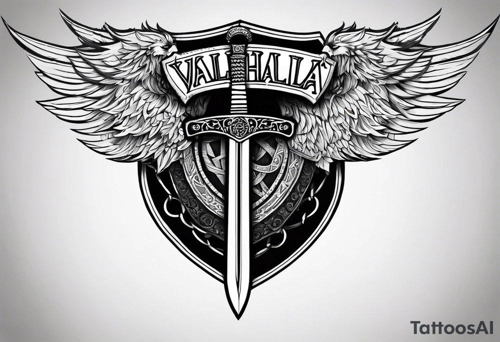 Valhalla sword fire chains shield wings tattoo idea