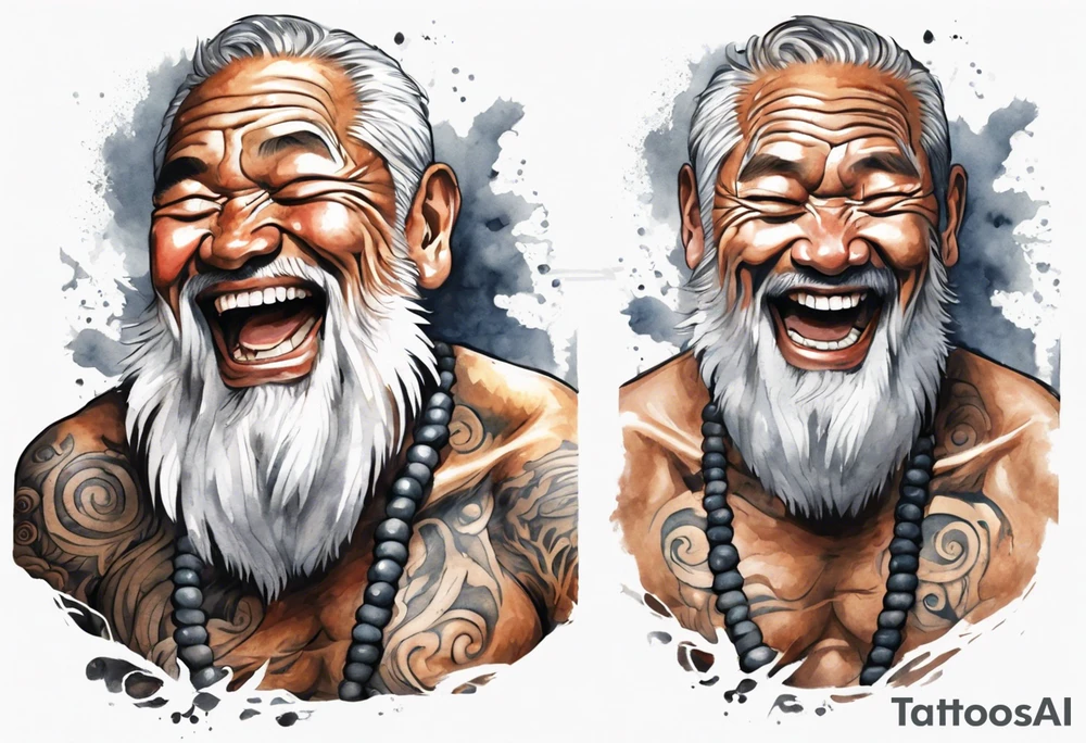 a solitary Samoan man with a grey beard laughing tattoo idea