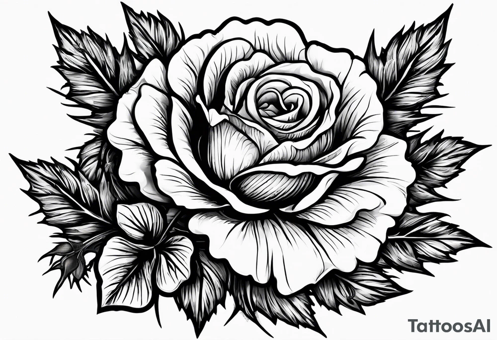 A thistle and a yellow rose and a shamrock whose stems spell K N D. tattoo idea