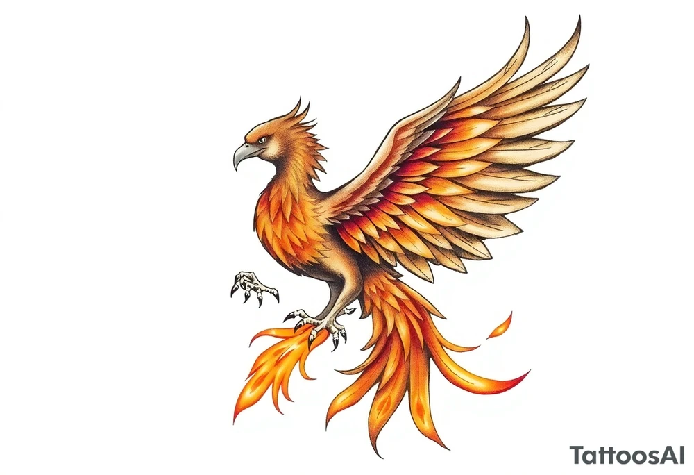 magnificent phoenix rising from golden flames with trailing embers tattoo idea