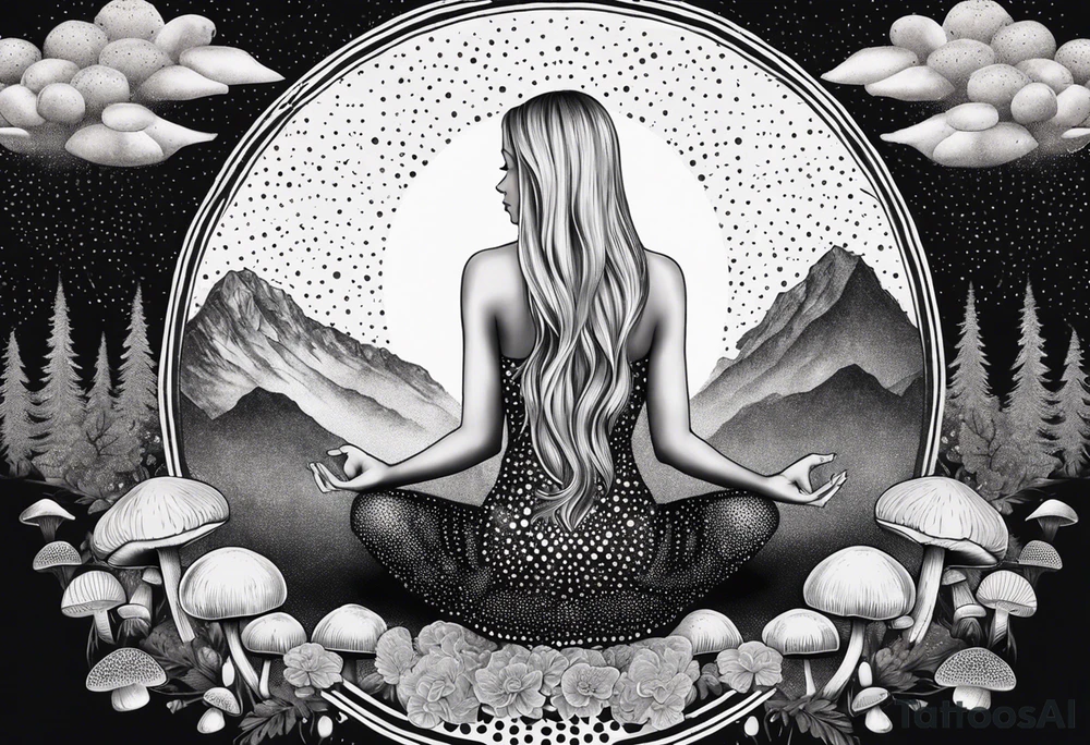 Straight blonde hair girl meditating facing away toward mountains surrounded by mushrooms crescent moon mandala circular design black and white striped dress tattoo idea