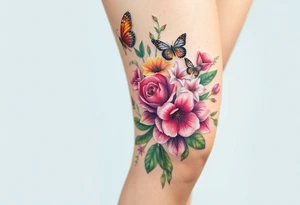 Realistic roses, tulips, and lilies 
and leaves and butterflies with embellishments that goes down and wraps around the leg tattoo idea