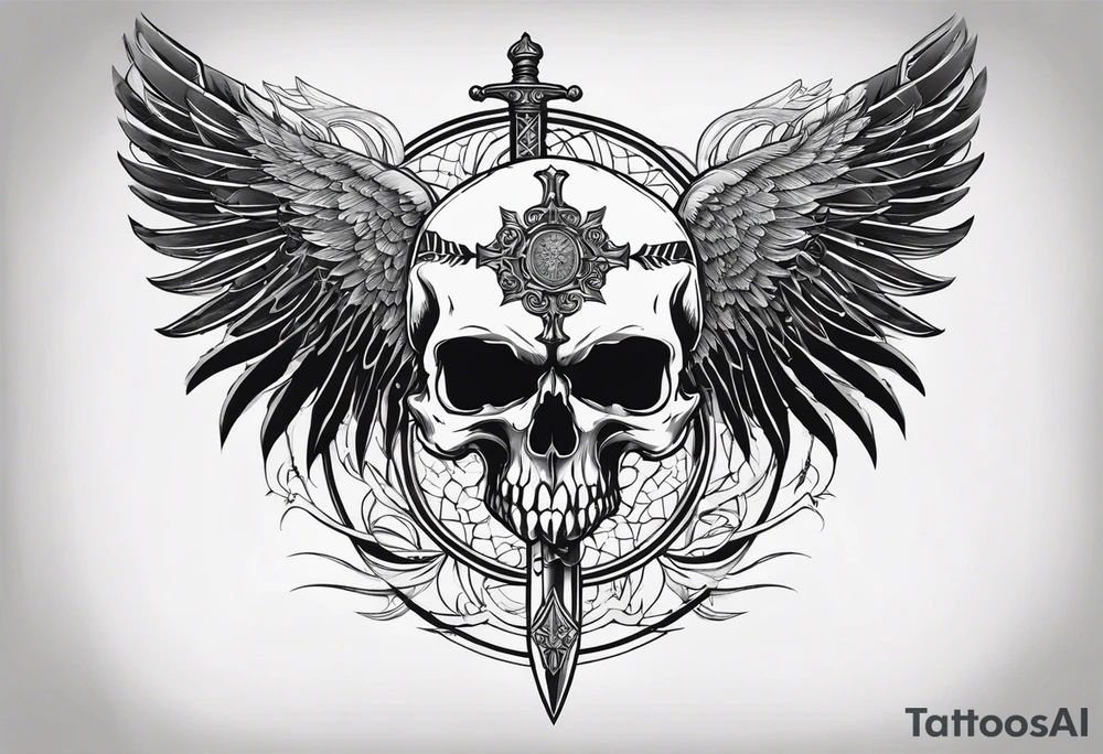 In the center is a half skull pierced by a large sword. On either side of the skull, there are spread angel wings, Beneath the skull is a ribbon with latvian symbols that weaves through both the skull and the sword tattoo idea