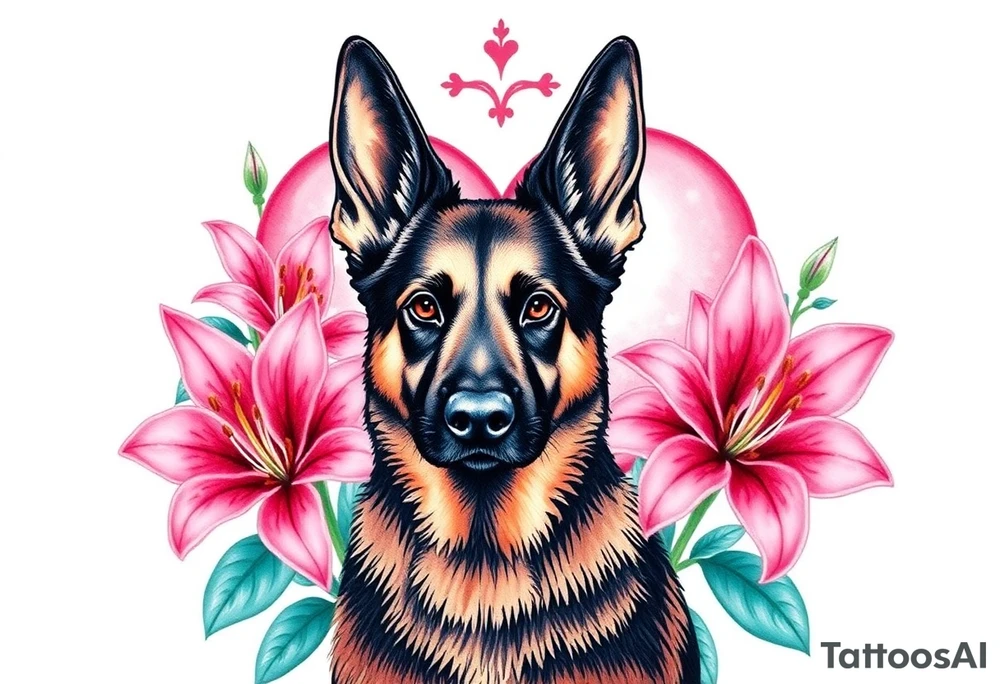 strong short haired german shepherd with alert ears surrounded by pink lilies with large leaves in front of a sacred heart tattoo idea